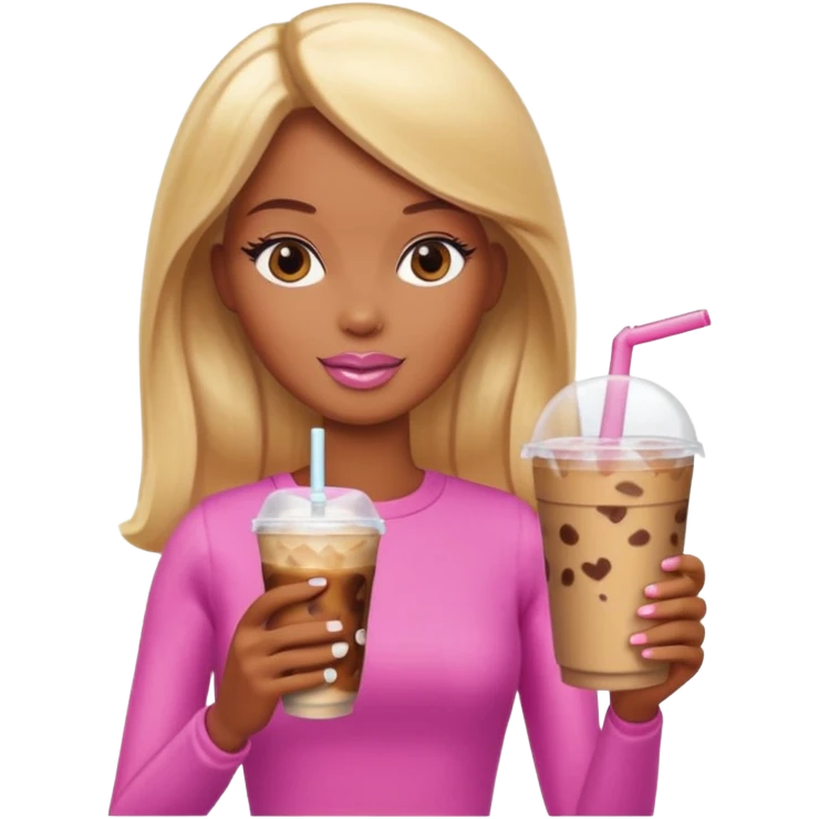 Brown skin blonde hair Barbie drinking iced coffee emoji
