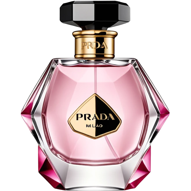  um frasco de perfume da marca Prada, em formato triangular, com vidro transparente e líquido rosado. No centro do frasco está escrito "PRADA MILANO" em letras pretas, com o logotipo da marca abaixo. A tampa é preta, retangular e inclinada, com um anel dourado na base, dando um toque moderno e elegante ao design. emoji