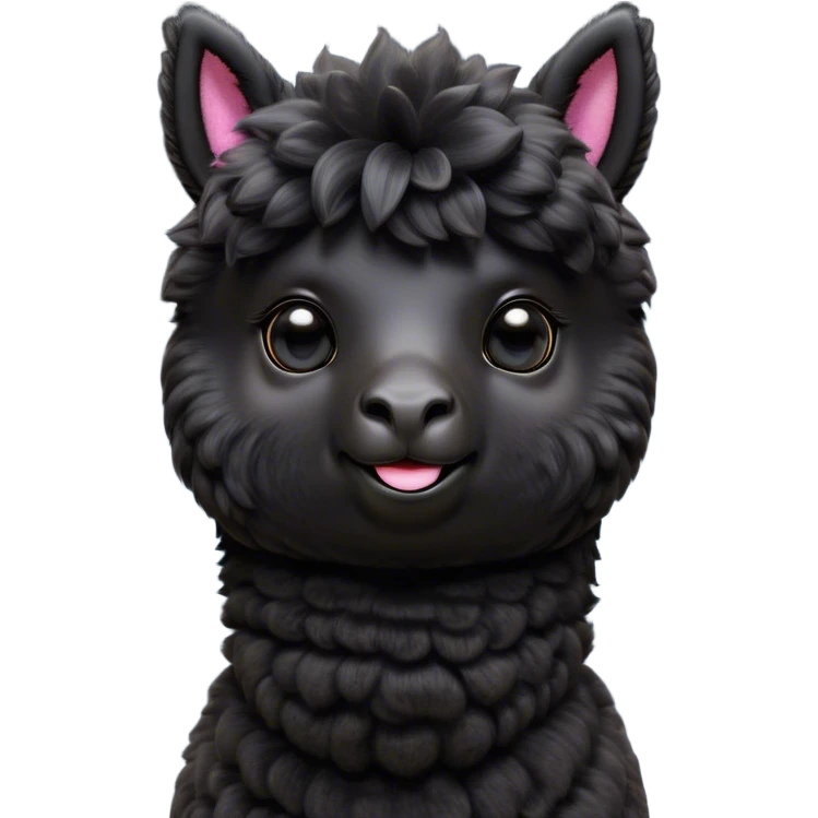 Cinematic Cute Black Alpaca Portrait Emoji, Head tilted playfully and inquisitively, featuring a plush, shiny jet-black fleece with a lustrous sheen, round, sparkling dark eyes filled with curiosity, Simplified yet irresistibly adorable features, highly detailed, glowing with a warm, friendly glow, high shine, affectionate and gentle, stylized with a touch of whimsy, bright and endearing, soft glowing outline, capturing the essence of a mischievous yet loving alpaca, so playful it feels like it could prance out of the screen and into your arms! emoji