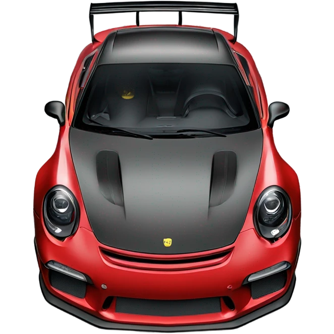 GT3RS in Royale red with a black hood, blue spoilers, black text, black rims, and yellow headlights, emoji