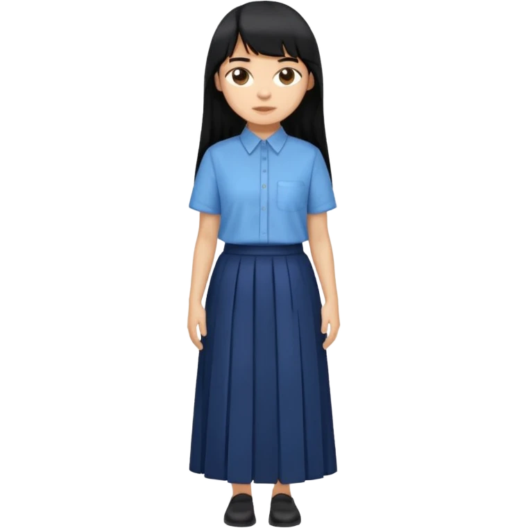 hair : black long hair with fringe 
skin : light 
cloth : oversize light blue shirt + navy long long skirt 
 emoji