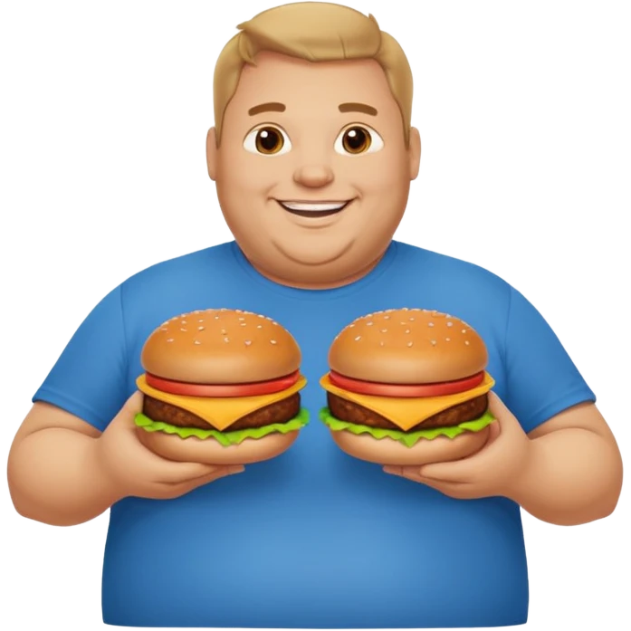A very fat guy in an Alex Zero T-shirt, holding burgers, gives a like. emoji