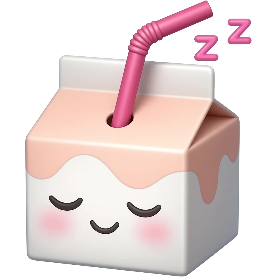 kawaii juice box with a sleeping face, with a hot pink straw, and pink zzz in pink font above the head emoji