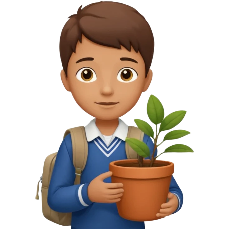 young boy wearing packpack, wearing uniform, holding a plant pot emoji
