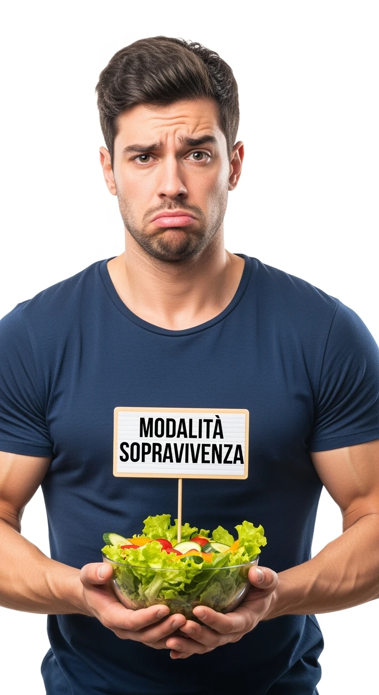 bodybuilder molto stanco e stressato con un insalata in mano, nell'insalata c'è un cartello con scritto "MODALITà SOPRAVVIVENZA", ISOLATO SU SFONDO BIANCO emoji