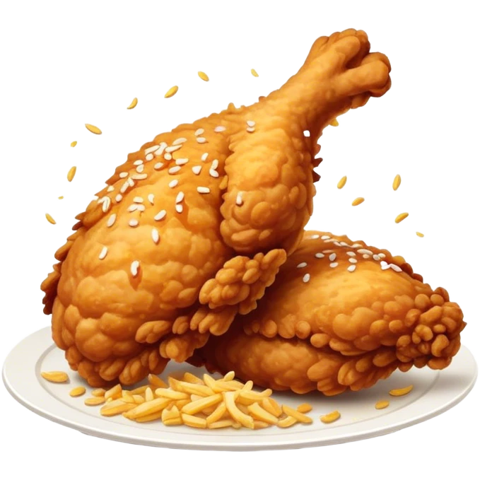 Cinematic crispy fried chicken, golden and crunchy, juicy inside, steaming as it is freshly served, sprinkled with seasoning, rich golden tones, inviting and delicious. emoji
