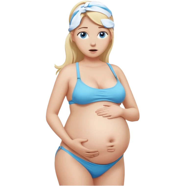White girl, long blonde ponytail, blue eyes, huge pregnant belly, full body, white bikini, scared expression, front view. emoji