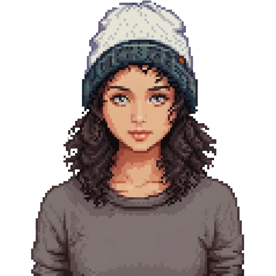 woman with dark curly hair and a beanie emoji