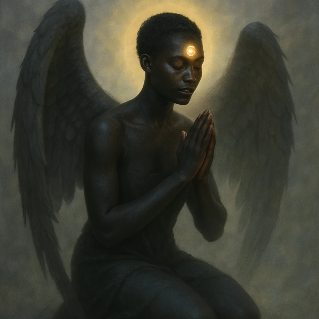 a black angel kneeling in prayer with a glowing third eye on forehead, ethereal atmosphere emoji