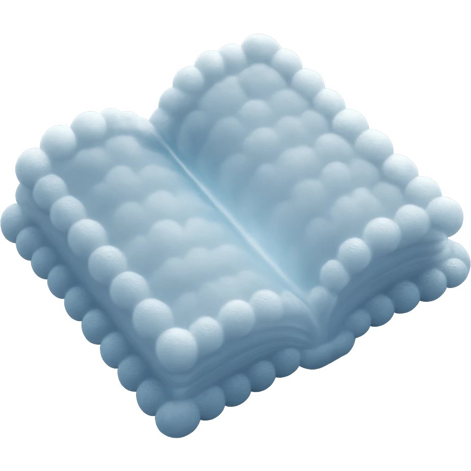 top view of a thick open book made entirely of small, very bright white fluffy convex clouds, matte glass style emoji