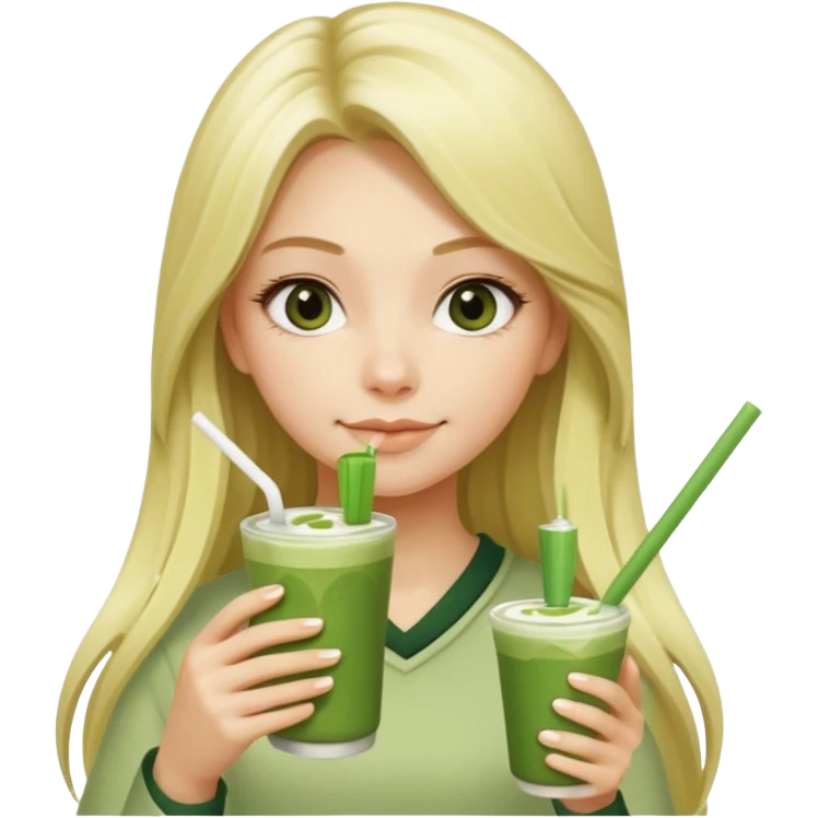 blonde luxury long hair girl with 1 drink of matcha latte and 2 straws emoji