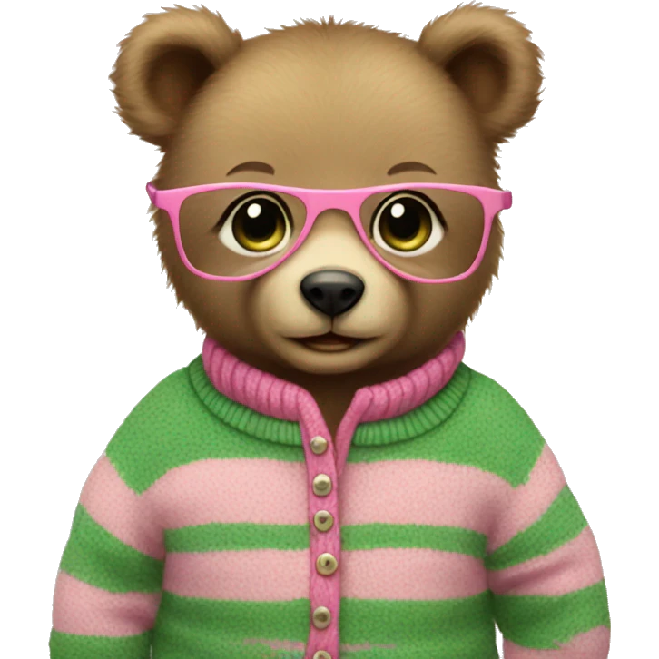 Baby bear wearing glassing and pink, green stripe sweater emoji