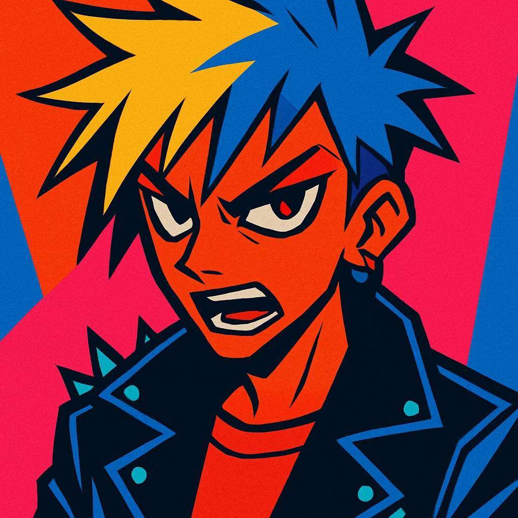 Maretu xydrick, vibrant and edgy, sharp lines, intense expression, pop-art influence emoji