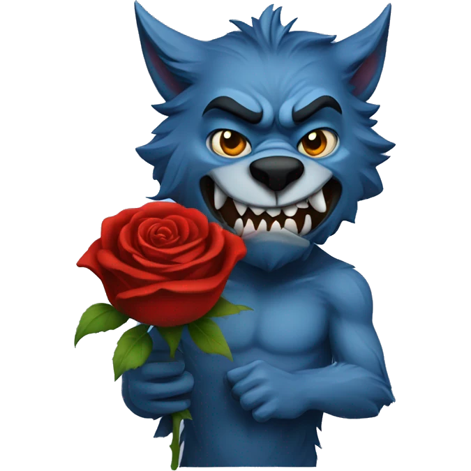 Sad blue werewolf, with a serious face, holding a rose in his mouthd emoji