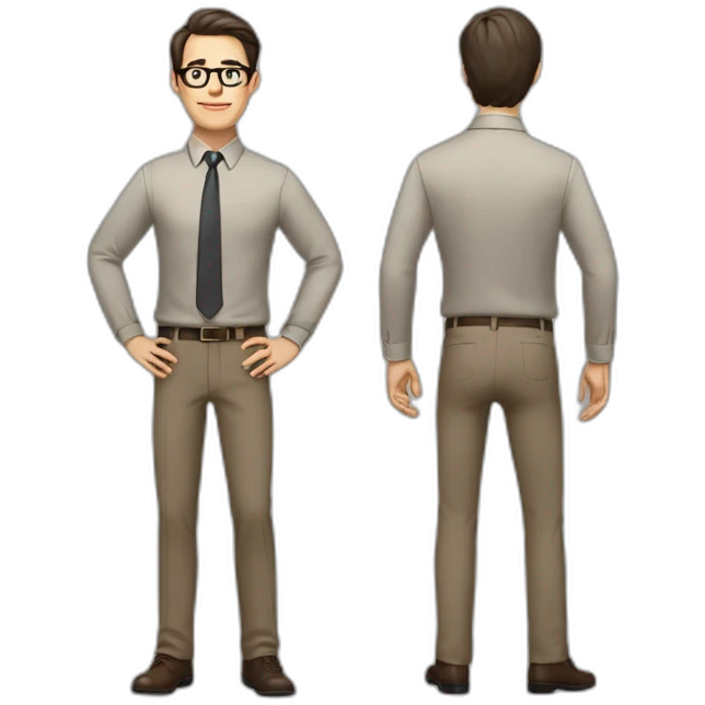 Full height Actively gesturing with hands Pale skinned fit man with dark brown hair in gray jacket, beige office shirt, brown tie, brown pants and vintage glasses. emoji