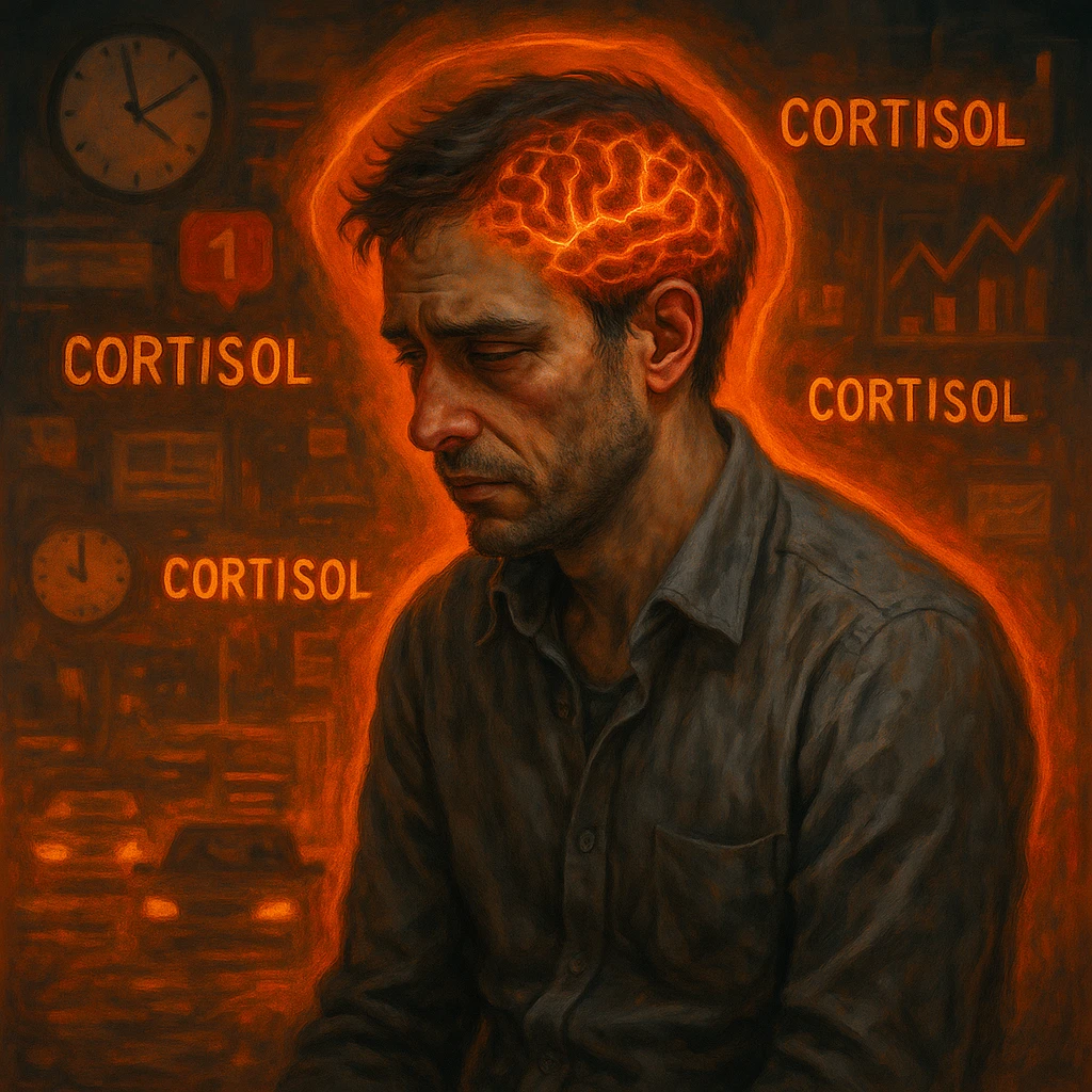 semi-realistic, symbolic surrealism; man in his 30s, visible chronic stress (tired eyes, tense, hunched), floating 'Cortisol' symbols, orange-red aura; chaotic blurred background (clocks, notifications, traffic, charts); brain visible with red-orange neural activity; expressive face, moody lighting emoji