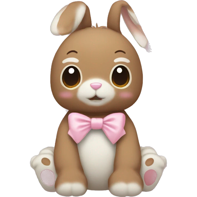 Pastel brown stuffed animal plushie with pastel pink ribbon on one of the bunnies ears emoji