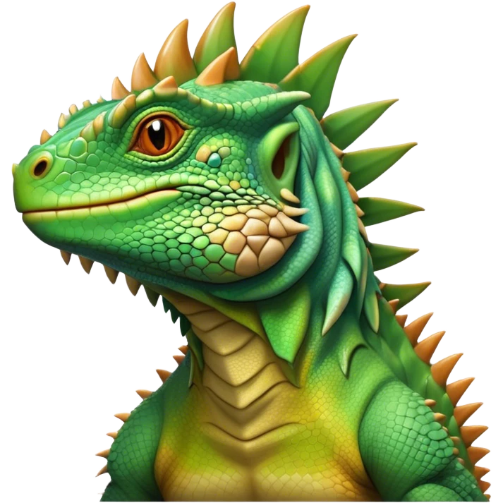 Cinematic Noble Iguana Portrait Emoji, Poised and majestic, with a robust, muscular build and a vibrant, scaly body accented by a prominent spiky crest and keen, observant eyes, Simplified yet sharp and sophisticated features, highly detailed, glowing with a soft, jungle radiance, high shine, intelligent and formidable, stylized with an air of ancient reptilian authority, focused and commanding, soft glowing outline, capturing the essence of a watchful guardian that appears ready to stride out of the screen with effortless might! emoji