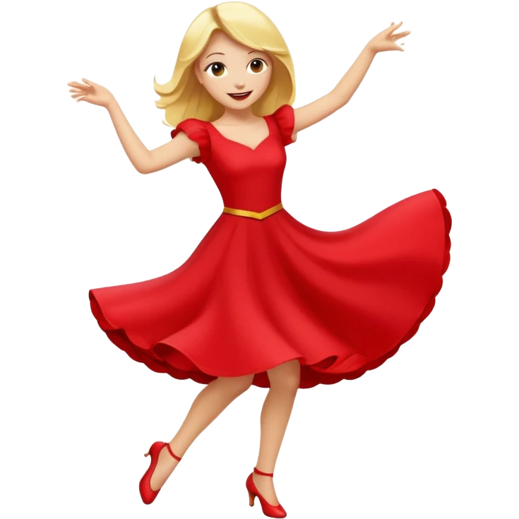 a yellow-blonde woman dancing wearing a red dress, in flat emoji / Apple style, smooth shapes, glossy highlights, bright saturated colors, simple features, minimal details, no outlines, red clothes flowing, joyful pose
 emoji