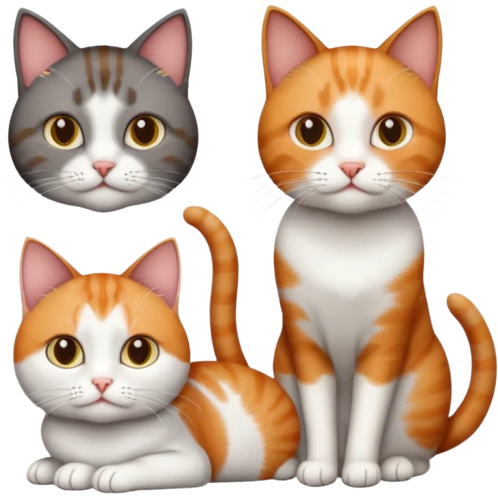 3 different coloured short haired cats, including a dark brown tabby and white cat, and a dark grey and white and a ginger and white emoji