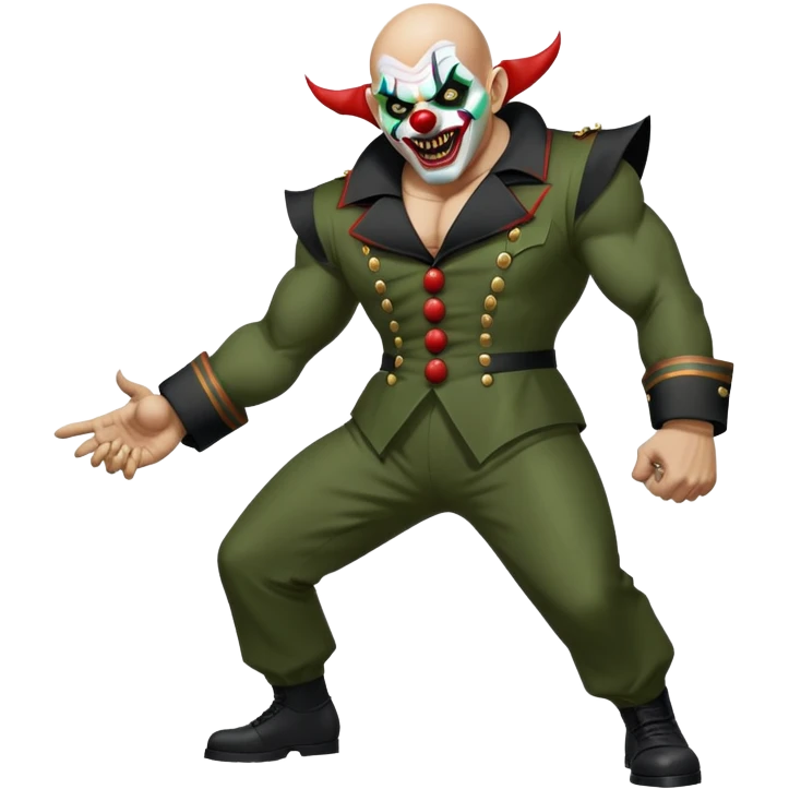 evil clown, bald, short black devil horns on forehead, fangs, pointed ears, black and military green leisure suit, realistically proportioned, bulky and muscular, full body, battle-ready, fighting posture emoji