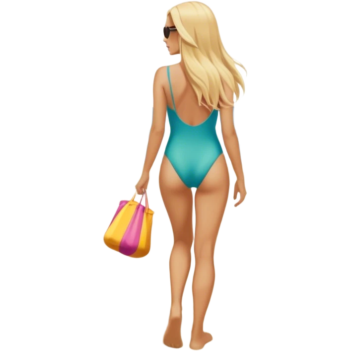 Blonde woman with long hair in one piece bathing suit and sunglasses walking on beach from the back emoji