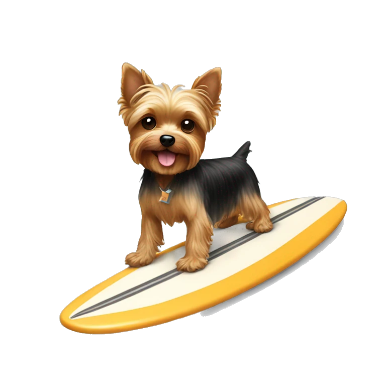 A Yorkie dog riding a surf board holding a dog bone emoji