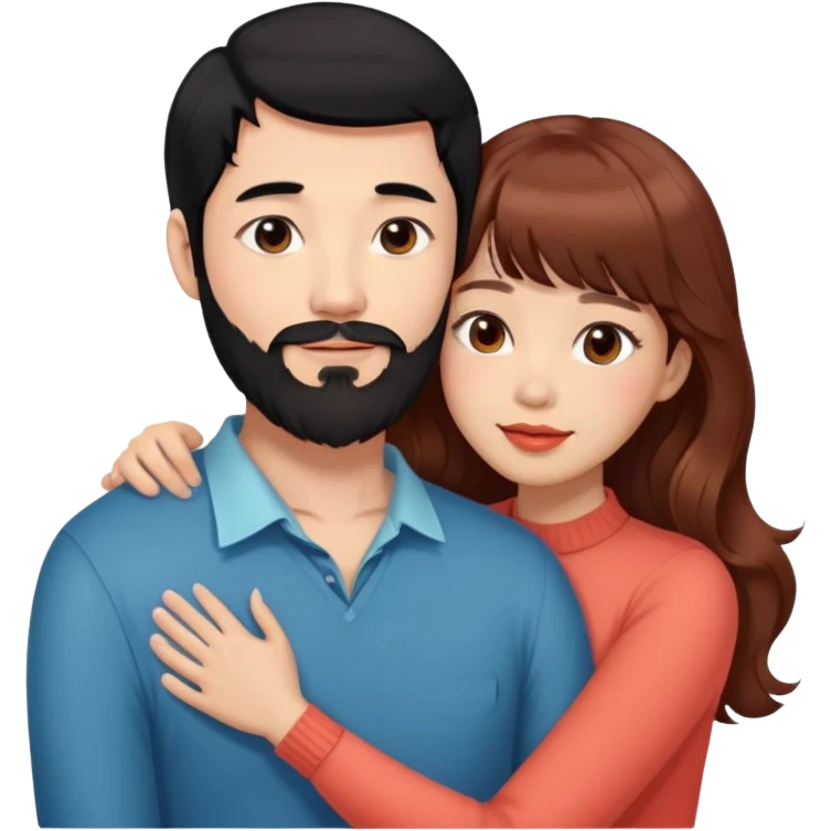 handsome tall asian man with black hair and beard, hugging cute woman with light tan skin and long wavy reddish brown hair with bangs and coral lipstick emoji