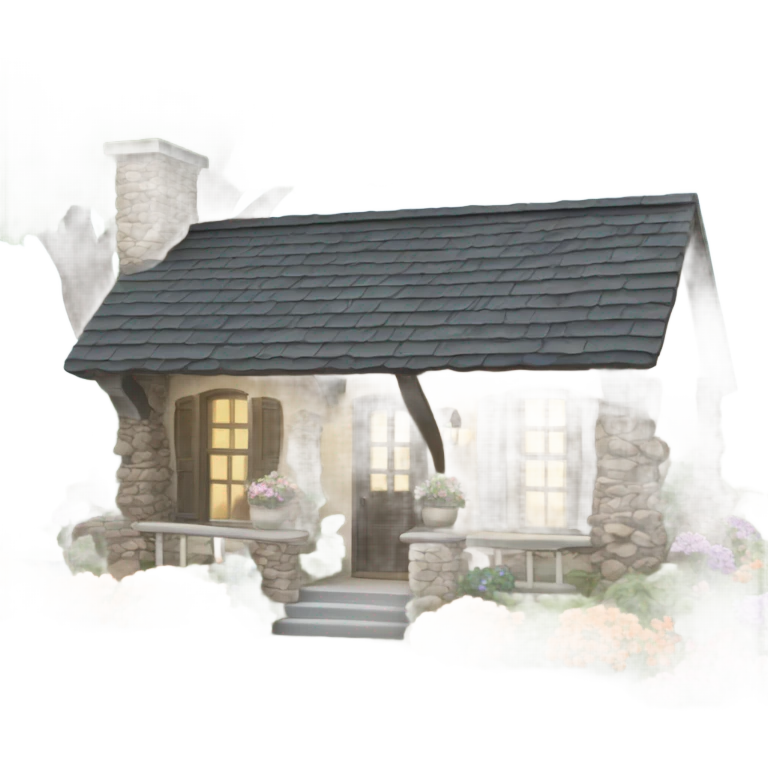 Quaint stone cottage with front porch and flowers emoji