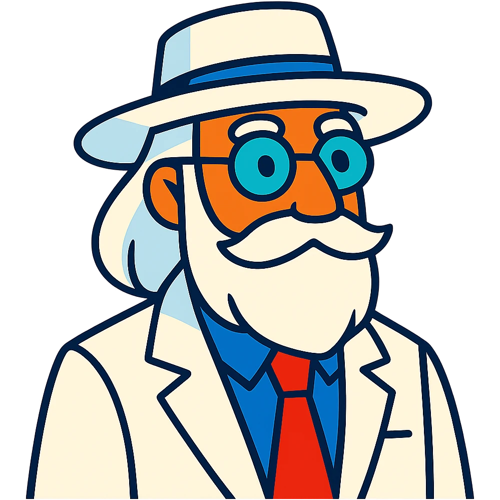 old man with a white hat, long white beard, white moustache, round glasses, white suit, white longish hair, vibrant toon style emoji