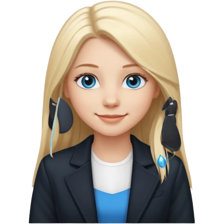 A white girl with long straight blonde hair, blue eyes and a white dress with a black jacket smiling emoji
