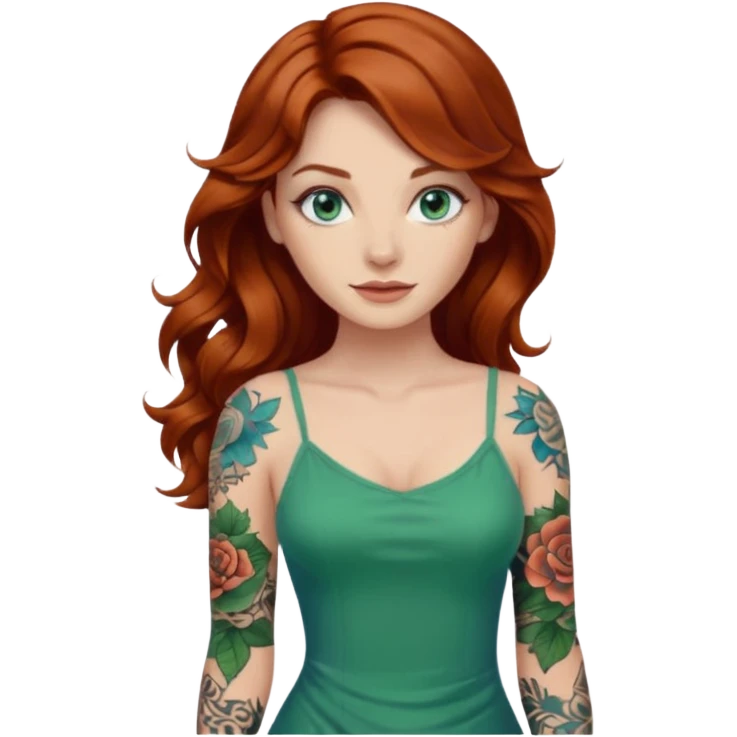 Long wavy Auburn hair woman BLUE eyes wearing green cami  dress and one tattoo sleeve emoji