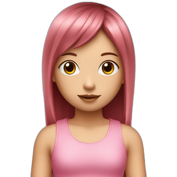 cute girl with dark brown eyes and long, straight rose hair with fringe and holding camera and wearing pink tank top emoji