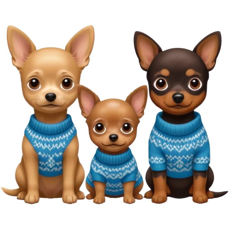 Cagnolini piccoli seduti un chiuaua un Bassotto e un Yorkshire con vestitini in maglia emoji