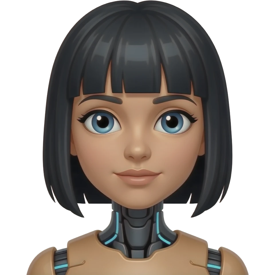 very pretty robot girl with blu eyes and black hair with bangs with a longer face and olive skin, make only neck and top of shoulders show emoji