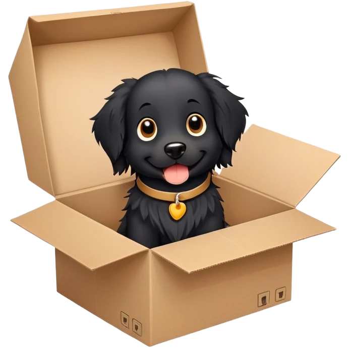  A very cute  young happy long hair black dog with one's head tilted to one side poked its paws out of the cardboard big box and placed them on top of it emoji