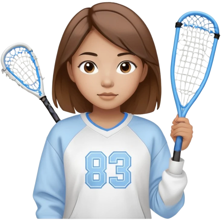 Asian girl with brown highlighted hair wearing a white sweatshirt with carolina blue text that reads buccaneers lacrosse  emoji