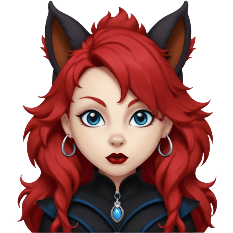  long super curly blood red hair (darker), red pointed squirrel ears with black trim, black goth outfits, body and face human, blue eyes, more pointy chin, black lipstick, one big fluffy red squirrel tail with black tips, close her mouth, less evil looking emoji