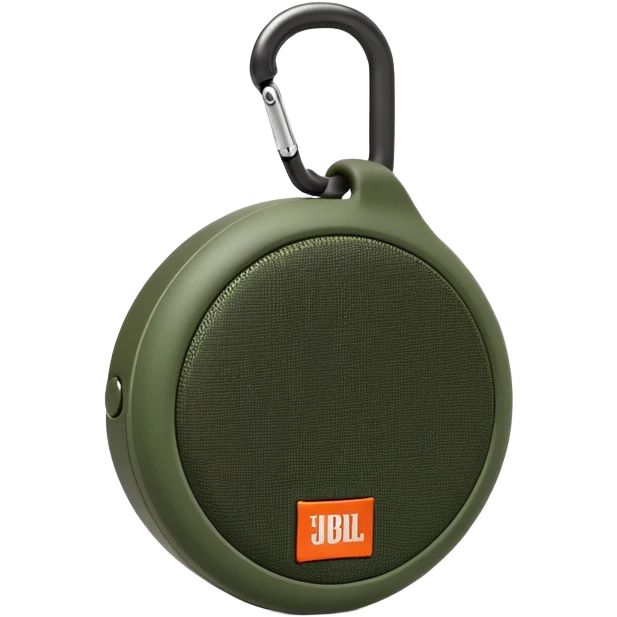 Minimalist JBL Clip 4 speaker with accurate circular shape and integrated carabiner clip at top, green camouflage pattern, iOS emoji style emoji