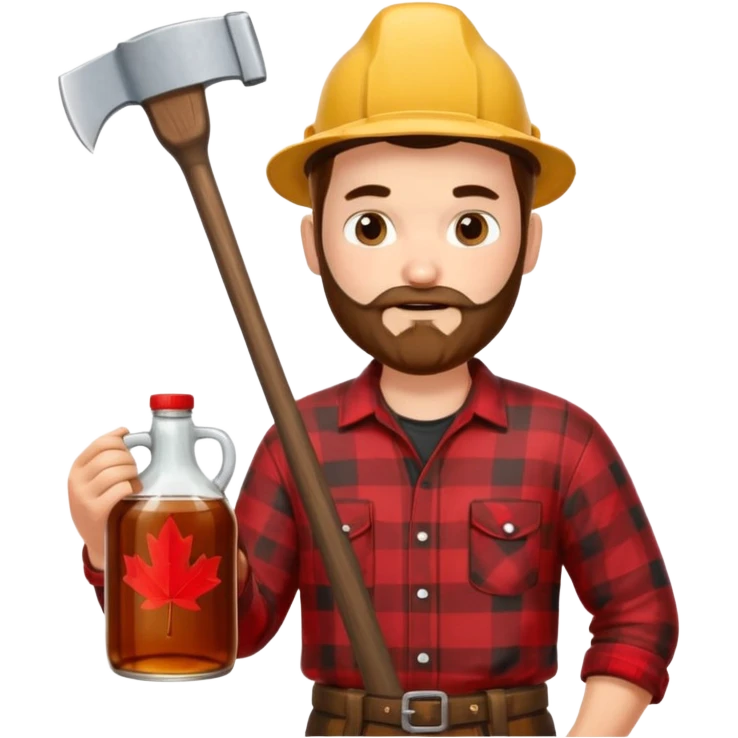 I want a Canadian lumberjack wearing a red and black plaid shirt drinking maple syrup out of the maple syrup bottle and holding a axe in the other emoji