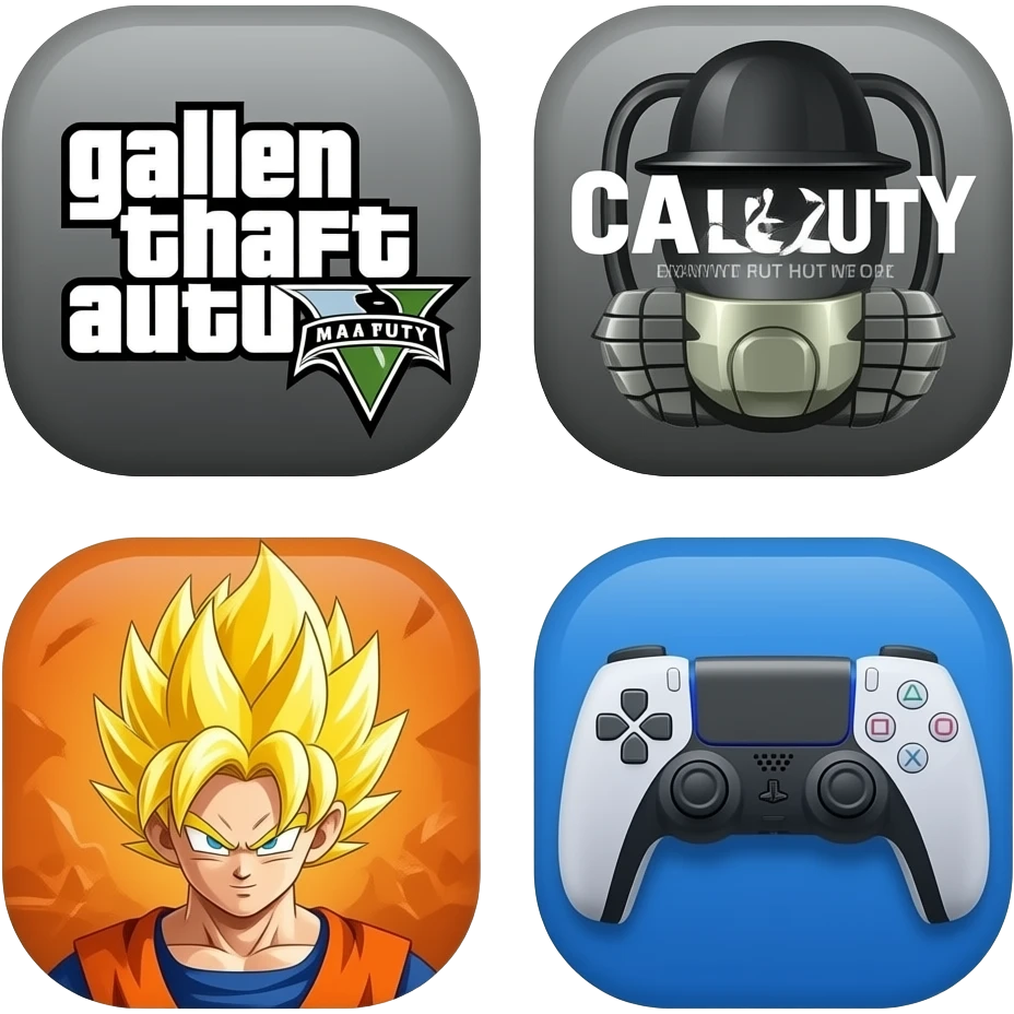 icone avec a l interieur des icone de jeu gta call off duty et dragon ball z et une mannette ps5 devant emoji