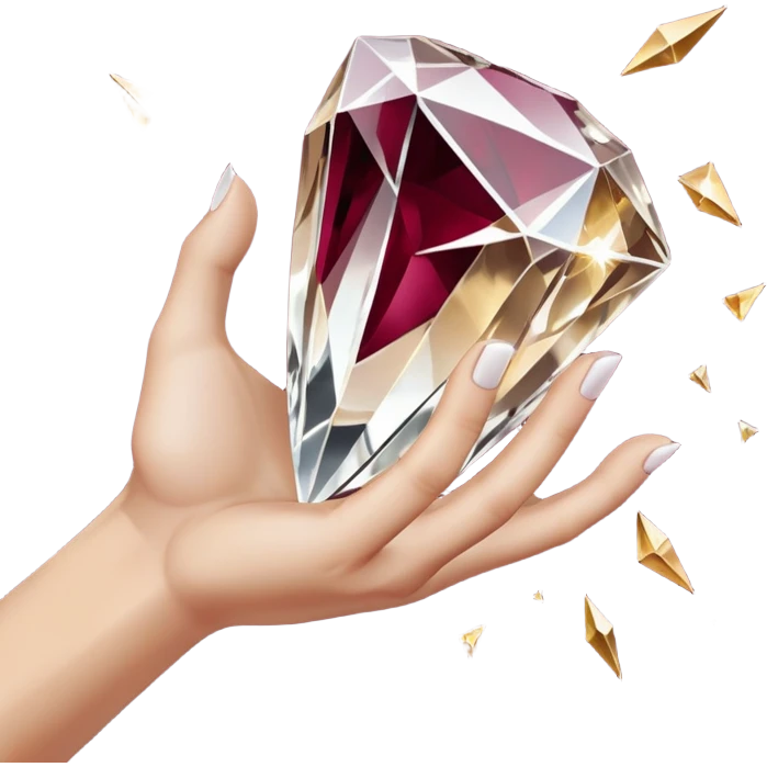 White pov hand outline gripping a shattered diamond prism, light shards projecting luxury items, deep burgundy (#4A0E27) and onyx (#000000) background with metallic gold (#FFD700) fractures, dramatic chiaroscuro lighting, edgy opulence emoji