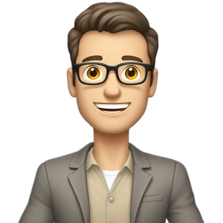 Joyful Celebrating victory Hands up Pale skinned Fit Man With dark brown hair in gray jacket, beige office shirt, Brown pants and vintage glasses sitting In a soft chair emoji