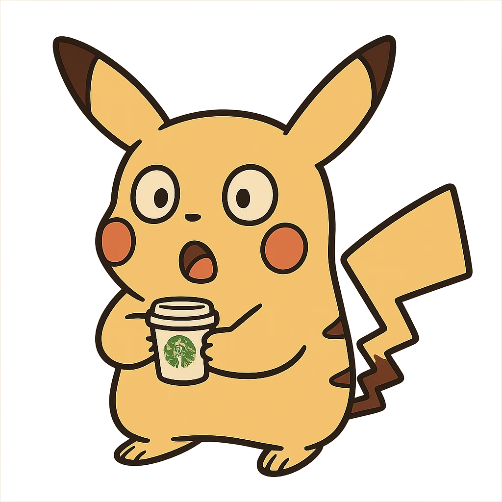 cartoon style Pikachu holding a tiny Starbucks cup, looking surprised emoji