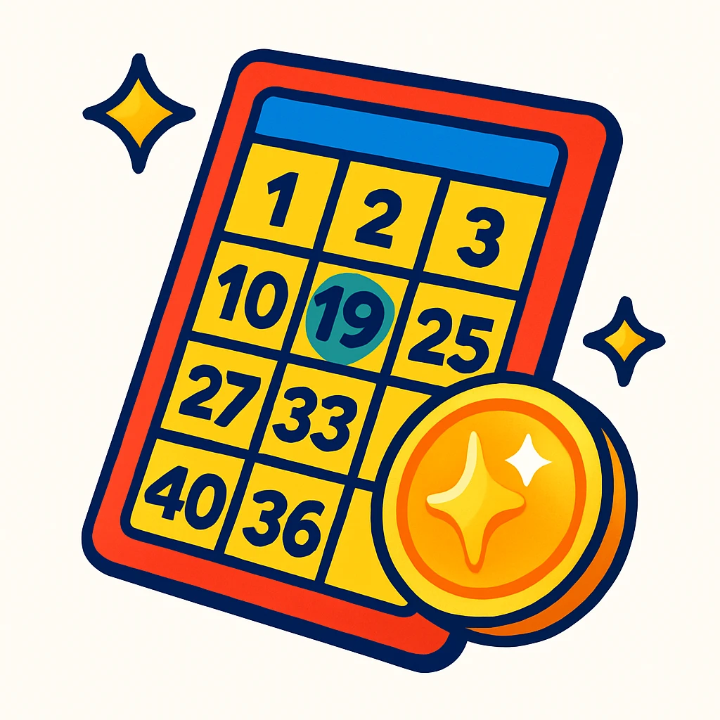 stylized lucky-looking lottery ticket with European feel, number boxes, shiny coin, sparkles, colorful cartoon-like, no text or logos, white background emoji