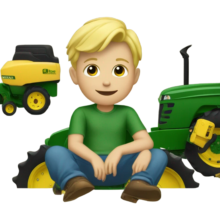 3 year old Blonde headed little boy riding a John Deere tractor emoji
