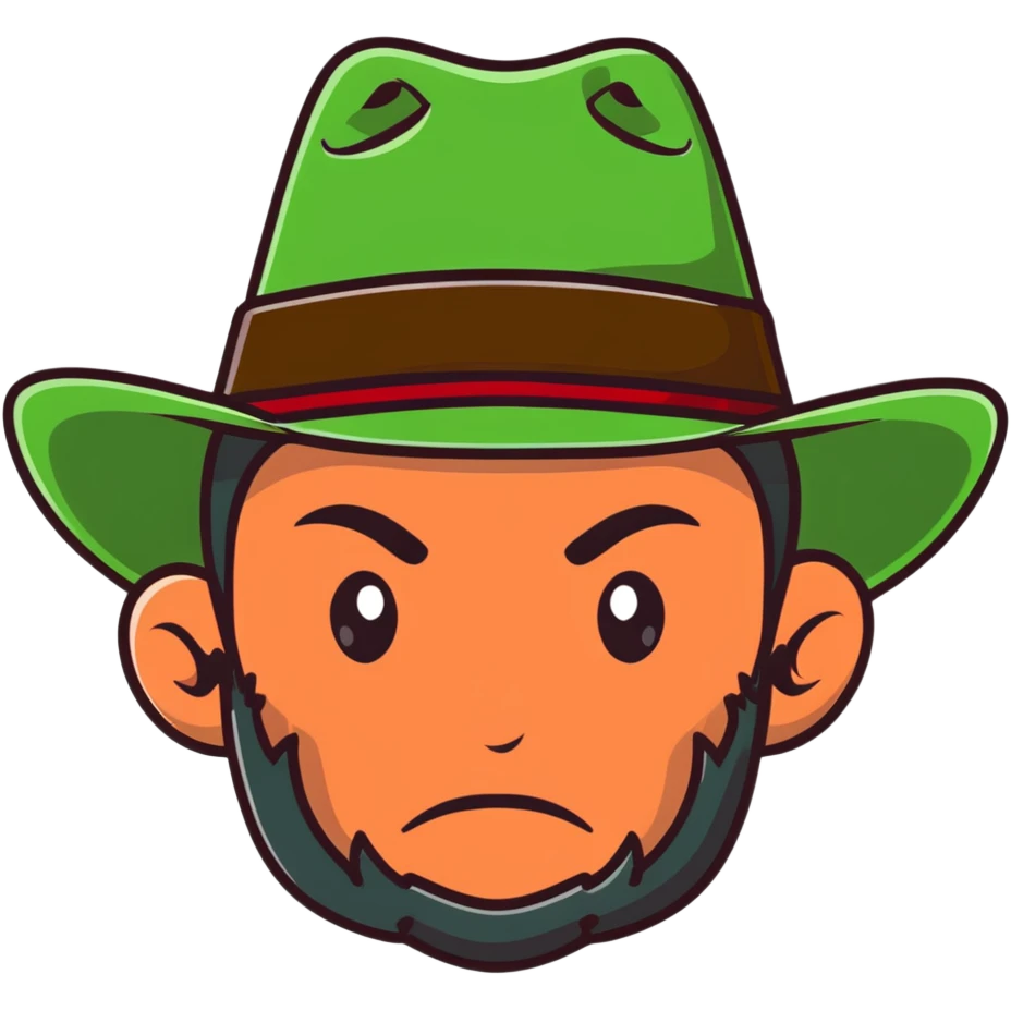 Cowboy wearing a green hat with no star, rugged face with stubble, western style emoji