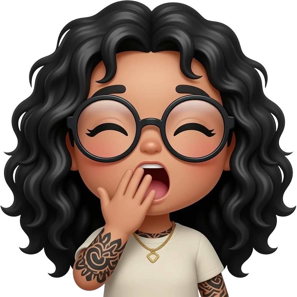 Kawaii style round very light brown skin glossy with oversized glasses and a full black tattooed arm and long curly black hair, yawning with hand in front of mouth emoji