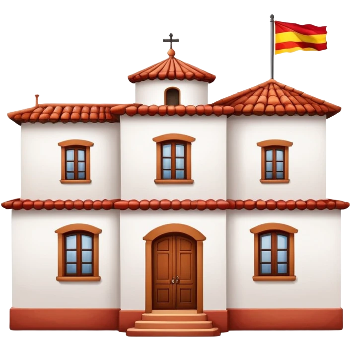 Traditional Spanish hacienda with white walls, terracotta roof, with Spanish flag (red-yellow-red horizontal stripes) hanging prominently from the front emoji