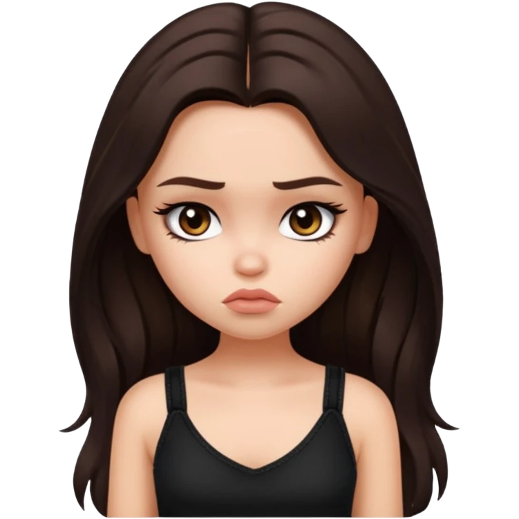 generate a pretty fair bratz girl with long dark brown hair looking sad. Wearing a black cami emoji